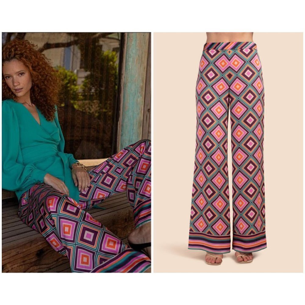 💕TRINA TURK💕 Bay Pant ~ Brookhaven Blocks Satin Georgette 6 NWT